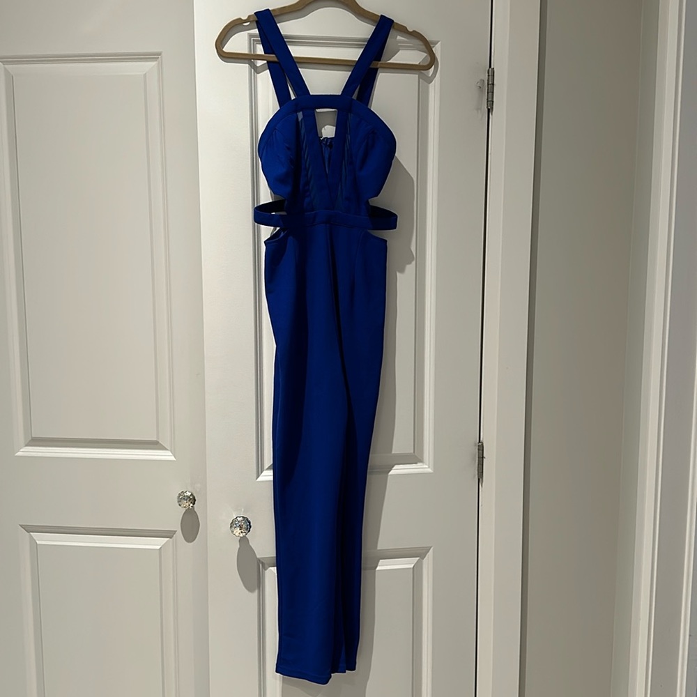 Blue fitted romper with cut out details